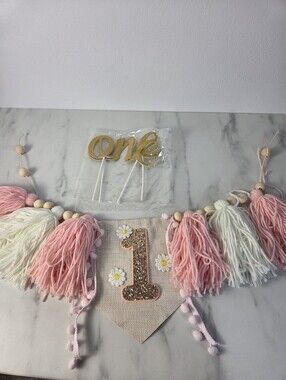 Boho Daisy 1st Birthday High Chair Banner & Cake Topper Set | Pink & Gold